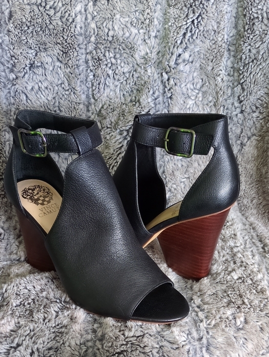 Vince Camuto Shoes - Vince Camuto Adaren Black Leather Peep-Toe Ankle Strap Heel Sz 8.5